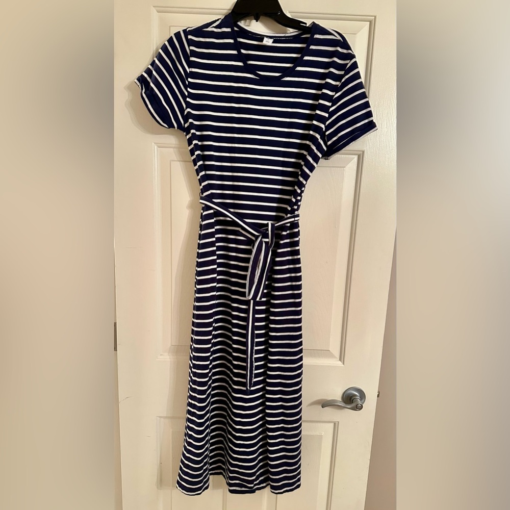 Navy Striped Midi Dress with Pockets